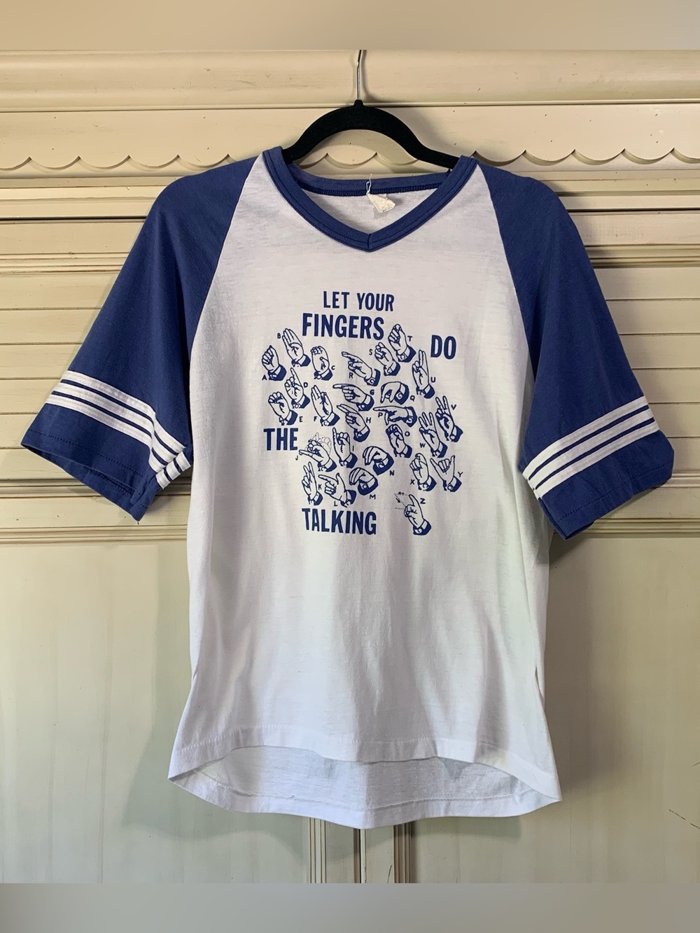 Vintage Single Stitch Ringer Tee Men’s Small ASL Sign Language 80s Raglan Tshirt